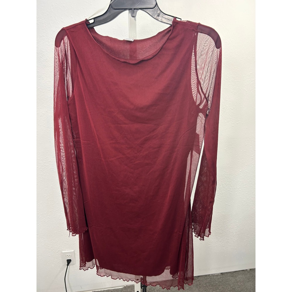 5 Below Style Women Burgundy Mesh Overlay Dress Long Sleeve Lettuce Edge XL